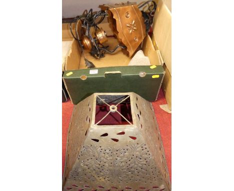 A wrought iron and copper ceiling light WAS Benson stamped on copper shade; together with a pierced and embossed copper light