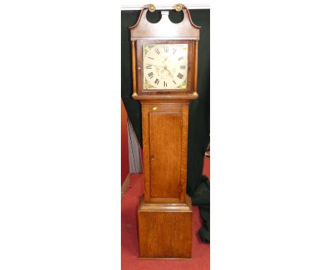 A circa 1800 oak and mahogany crossbanded longcase clock, having  a square painted dial with subsidiary seconds dial, indisti