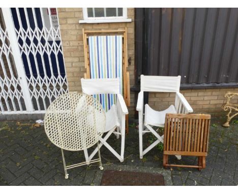 Occasional garden furniture to include; cream painted wired metal folding circular patio table, slatted wood X-framed folding