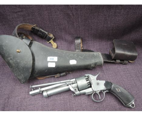 A blank fire copy of a Le Mat revolver with leather confederate belt holster and ammunition holsterCR - Gun and holster in go