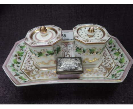 A 19th century Bilston enamel patch box having pictorial and script decoration 'The Absent Not Forgotten' and a 19th ceramic 
