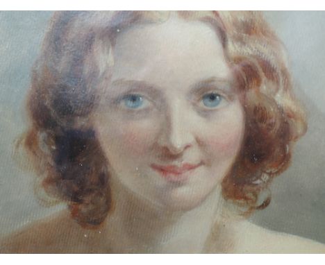 An oil painting, circular portrait, young woman, 6 inch diameter