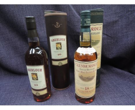 Two bottles of Scotch Malt Whisky. Glenmorangie Highland 18 year old in card tube and Aberlour Highland 10 year old in card t