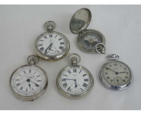 Four assorted base metal top wound pocket watches including Army Services, Thos Russell & Son etc and a compass