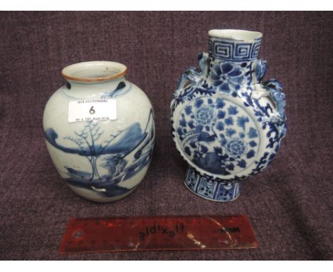 A 19th century Chinese blue and white moon flask having naturalistic decoration and a similar period Chinese stoneware vase h