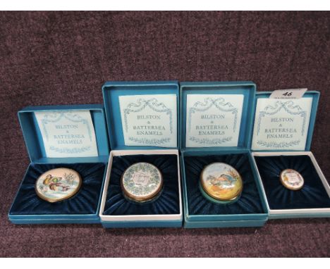 Four Halcyon Days reproduction Bilston & Battersea enamel boxes, various, in original boxes