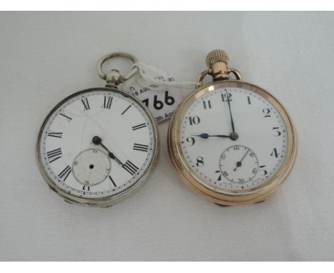 A gold plated pocket watch having Arabic numeral dial and subsidiary seconds and a white metal key wound pocket watch stamped