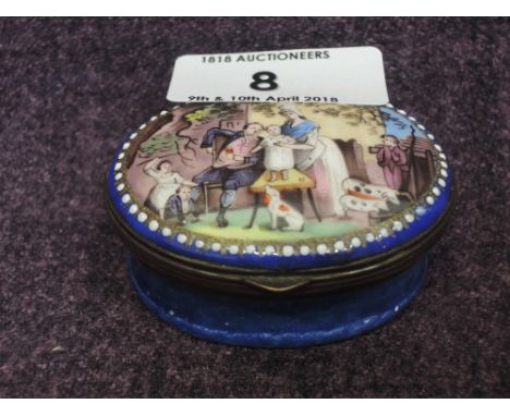 A 19th century enamelled patch box of oval shape having 18th century pictorial design decorationDamage to interior glass as i