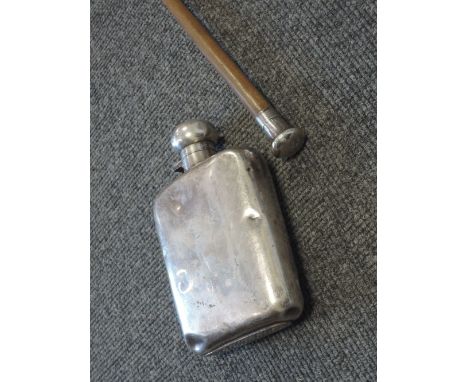 An early 20th century HM silver top walking cane, Birmingham, probably by Jonathan Howell and a vintage silver plate hip flas