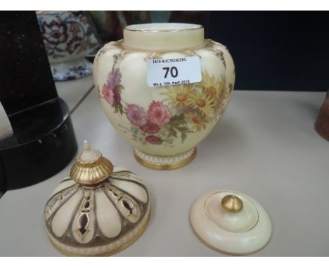 A Royal Worcester lidded jar having gilt heightened floral decoration on blush ivory ground, numbered 1312, circa 1896