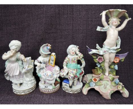 Three 19th century Meissen style figures of typical style having impressed and crossed sword marks and a similar period and s