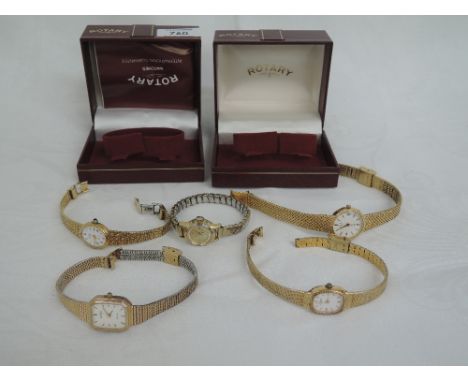 Five lady's fashion gold plated wrist watches including Rotary, Avia and Puerta