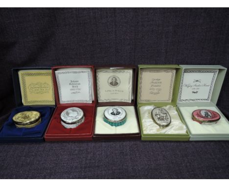 Five Halcyon Days reproduction Limited Edition Bilston & Battersea enamel boxes of Great Classical Composers, in original box