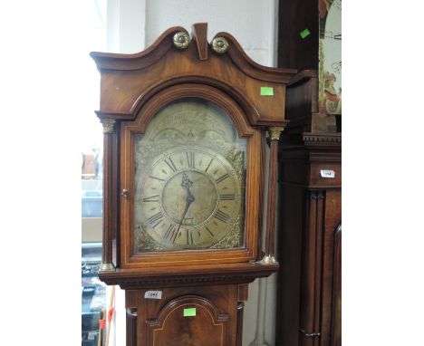 A 20th century mahogany dwarf longcase clock having swan neck and pillared hood containing ????? On arch inlay case and squar