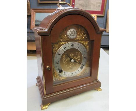 Reproduction mahogany framed two-train bracket clock by Elliot of London. With key. Retailed by Wigfull &amp; son, Plymouth. 