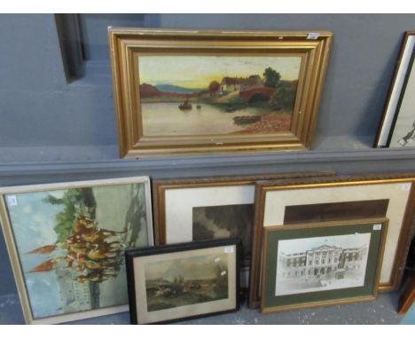 Collection of assorted furnishing pictures to include; A.Roberts 1923, study of figures in boats on a lake with distant bridg