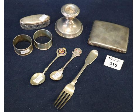 Bag of mainly silver items to include a cigarette case of plain form, silver Swansea souvenir spoon, a silver fork, two silve