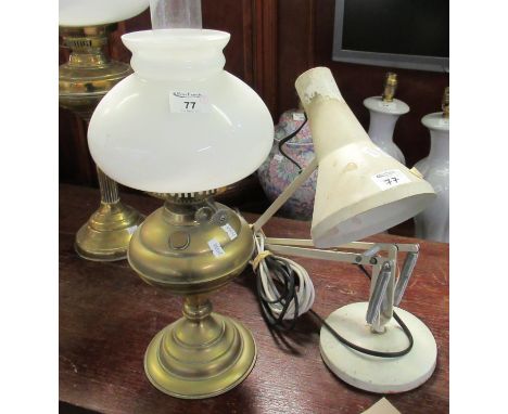 Mid century enamelled anglepoise lamp, together with an early 20th century double oil burner with an opaline glass shade and 