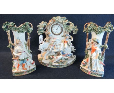 German porcelain clock garniture set decorated with horses and figures in a hunting scene. (3)(B.P. 21% + VAT) 