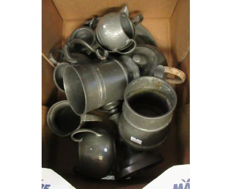 Box of pewter to include; beaten pewter miniature teapot, sucrier, various jugs, candlestick, different sizes of tankards etc