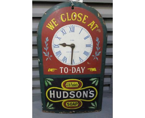 Vintage enamel sign 'We Close at To-Day, 1/4 lb packets, Hudson's Soap'. 46 x 27cm approx. (B.P. 21% + VAT) It is grubby. Wea