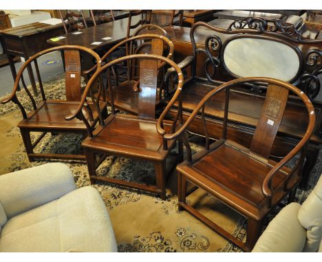 Modern Chinese hardwood carved bench, the back inset with oval marble decoration, together with a set of four Chinese hardwoo