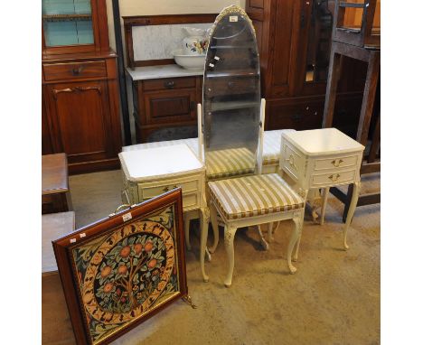 Collection of French design and gilded bedroom furniture to include; cheval type mirror, ottoman or blanket box, stool and a 