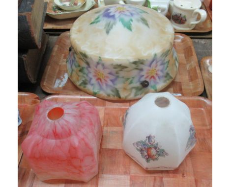 Three decorative glass light shades, two floral, one multi-coloured glass.(B.P. 21% + VAT) 