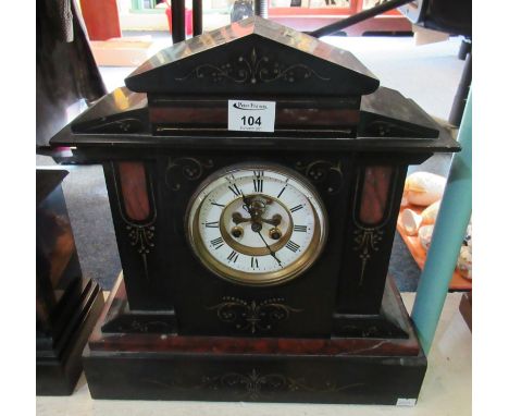 Late Victorian slate and red veined marble two train architectural mantel clock having enamel face with Roman numerals and sk