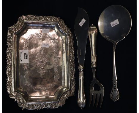 Silver plated repousse floral and foliate tray of rectangular form, together with a silver plated fish knife and fork and ser