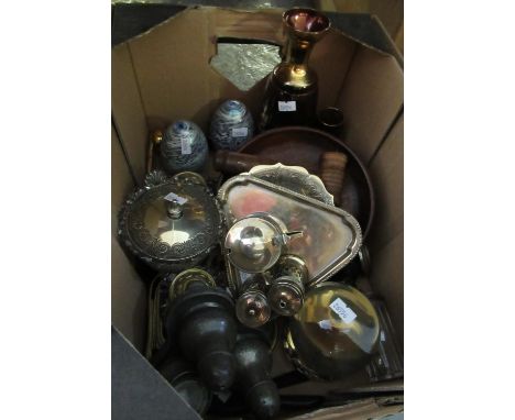 Interesting assorted box of items to include; a pewter salt and pepper set, an EPNS condiment set, a nutcracker, an Art Nouve