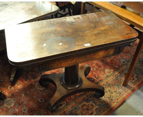 Mid 19th Century rosewood card table on a quatreform base with scroll feet and casters.(B.P. 21% + VAT) 