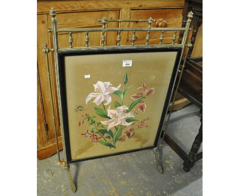Late 19th/early 20th Century aesthetic design brass framed firescreen, the panel hand painted with orchids and butterflies. (
