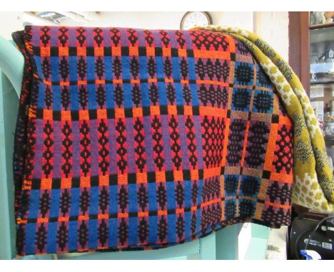 Vintage woollen Welsh tapestry blue and red ground blanket. (B.P. 21% + VAT)Good condition, no obvious damage, few loose thre