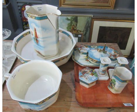 A collection of Chatsworth Falconware bedroom china to include: jug and basin, chamber pot, dressing table set, candlesticks 