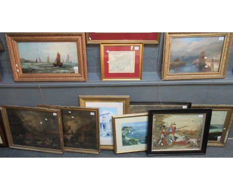 Collection of furnishing pictures to include; a pair of 19th Century coloured prints of figures and animals, Berlin type wool