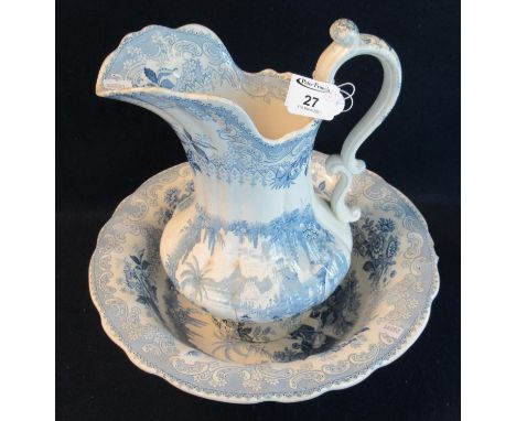 19th Century Llanelly pottery transfer printed blue and white toilet jug and basin in 'Panorama' pattern, printed marks to ba