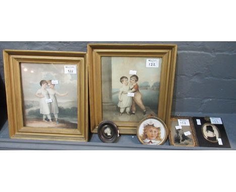 Pair of coloured etchings entitled 'Brother and Sister and the Sisters', framed and glazed, together with three portrait mini