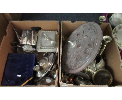 Two boxes of metalware to include; brass candlesticks, Indian etched floral design pots, loose horse brasses, small shield ty