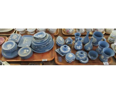 Two trays of Wedgewood Jasperware blue and white items various to include trinket boxes, pin dishes, various vases, tankard, 