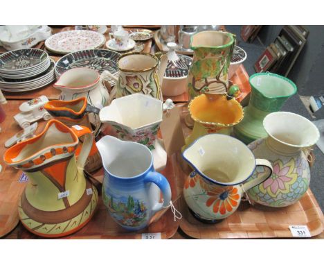 Two trays of art deco design and other single-handled jugs to include Burleighware art deco parrot jug, Carltonware, Bay Oak 