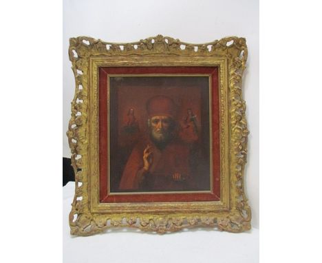 A 19th century Icon with three figures the foremost wearing a red headdress and cloak, holding a book, oil on panel, 9 1/2 x 