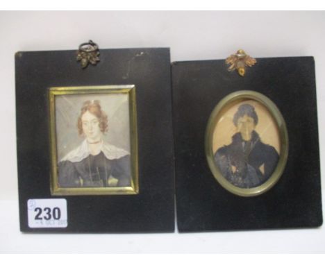 19th Century British School - a half length portrait miniature of a woman with brown hair wearing a lace collar and black dre