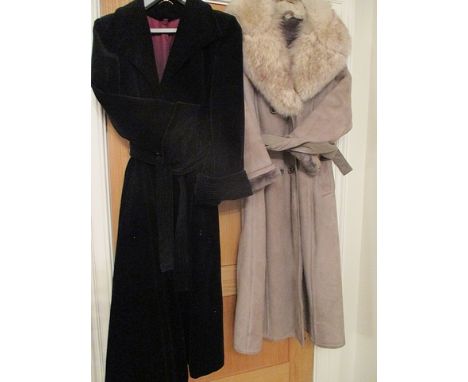 A vintage Stirling Cooper of London black velveteen opera coat, together with a sheepskin ladies calf length coat, with leath