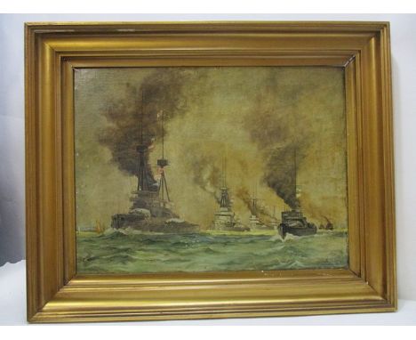 Studio of Norman Wilkinson - 'National Insurance', a fleet of British war ships, oil on canvas signed, inscribed and dated, R