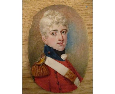 An early 19th century portrait miniature, a gentleman wearing military uniform, on ivory, 3 6/8 x 2 3/8, glazed and framed