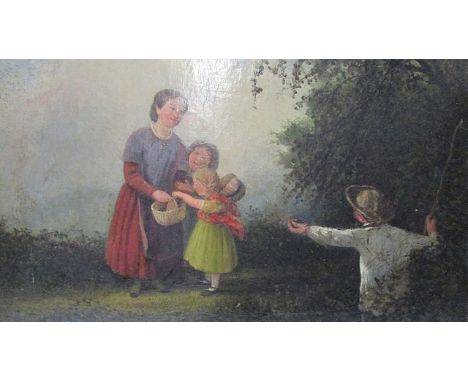 Charles Gregory - a half length portrait of an elderly woman, oil on canvas, 10 3/4 x 9 and a rural scene with children colle