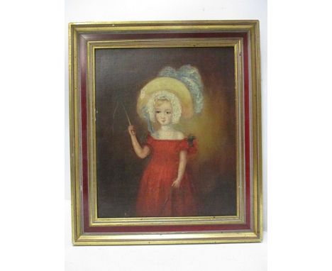 Charles Gregory - a half length portrait of a young girl wearing a plumed hat and dress, holding a whip, oil on canvas, 12 x 