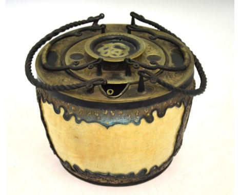 A Chinese metal mounted, glazed pottery wine or tea pot container with looped handle and integral metal ewer with curved spou