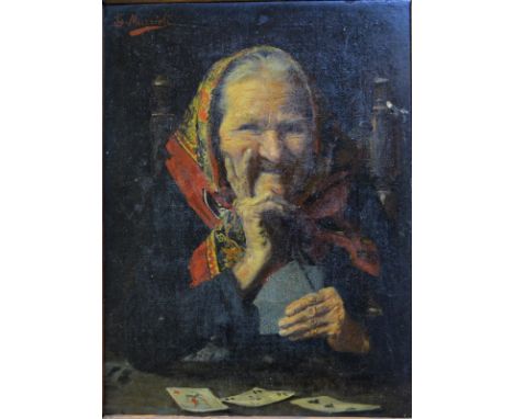 Giovanni Muzzioli (1854-94) - An old lady seated at a table playing cards, oil on canvas, signed upper left, 29 x 21 cm Condi